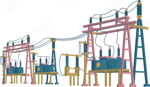 electrical substation transformer illustration, high voltage transmission equipment, industrial power distribution network, utility engineering infrastructure technology, isolated white background