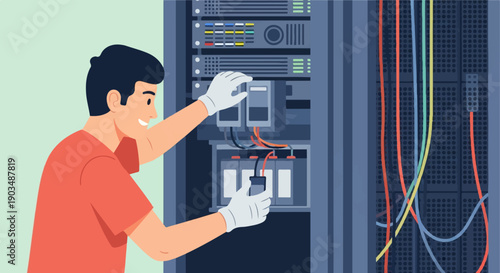 Technician installs server components in a rack, managing cables and hardware