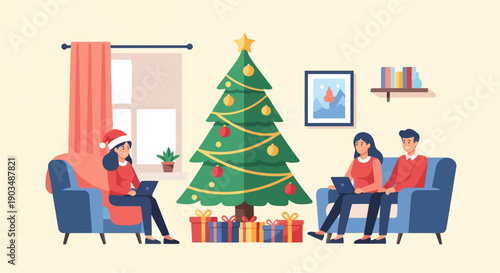 Two couples on couches near Christmas tree, one with Santa hat, using laptops