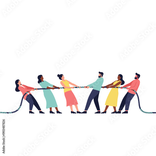Diverse team in tug of war competition, symbolizing teamwork, conflict, and competition