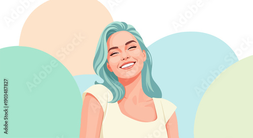 Stylized portrait of a joyful woman with light blue hair and a bright smile