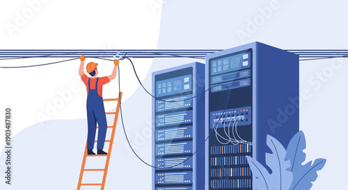 Technician on ladder connecting wires to server racks in data center