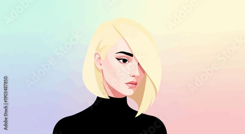 Stylized portrait of a blonde woman in a black turtleneck against a pastel background