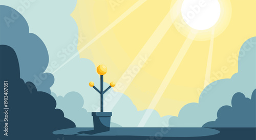 Stylized plant in pot under bright sunbeams amidst clouds