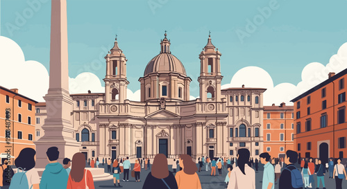 Stylized square scene with prominent church dome and obelisk, daytime