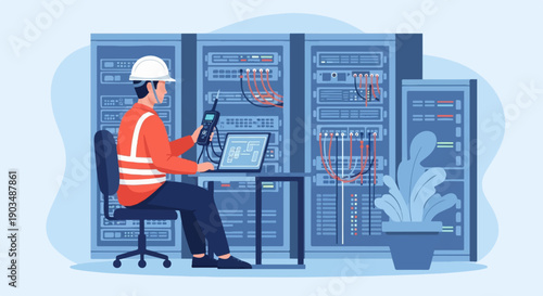 Technician working in server room with data racks and equipment