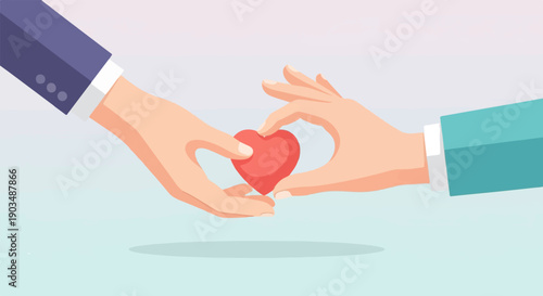 Two hands exchange a red heart, symbolizing care and connection