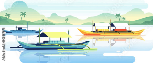 Tranquil pixelated scene of boats on calm water with distant, gentle hills