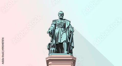 Stylized pixelated statue of a historical figure with a sword