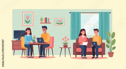 Two couples work on laptops in a cozy living room setting