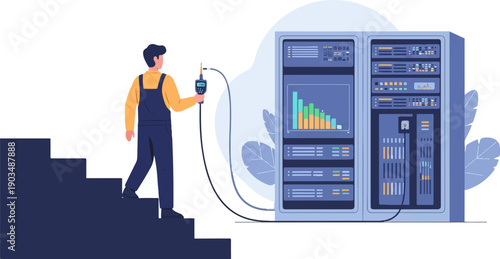Technician works on server rack with diagnostic tool