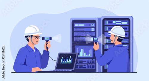 Technicians in hard hats measure server temperatures with handheld devices