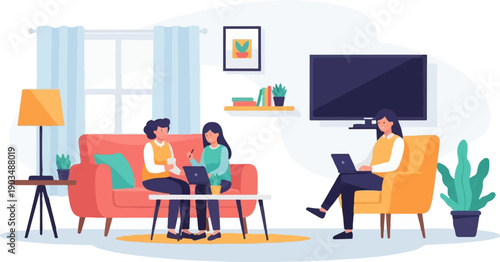 Three people in a cozy living room, two on sofa, one on chair, with laptops