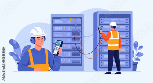 Technicians in hard hats work with servers and cables in a data center