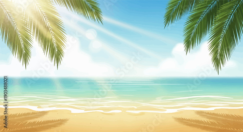 Sunny beach with palm fronds and gentle ocean waves