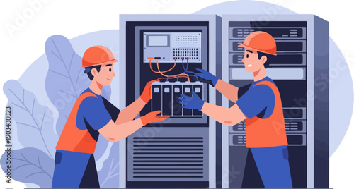 Technicians install server racks, teamwork, hard hats, datacenter maintenance