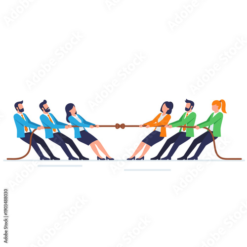 Business People Tug of War Competition, Teamwork vs Opposition, Office Conflict