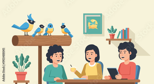Three people gathered around a table, with birds perched above