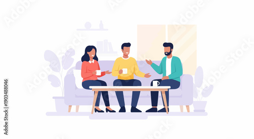 Three people enjoying coffee and conversation on a sofa