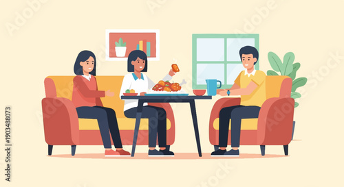 Three people eating a meal at a table in a room