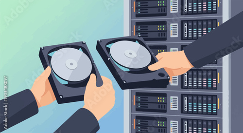 Two hands installing hard drives into a server rack