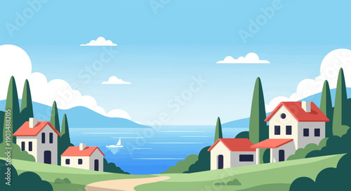Sunny coastal scene with houses, hills, water, and a sailboat