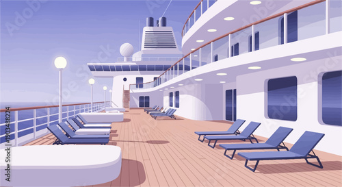 Sunny deck with lounge chairs on a large ship overlooking calm water