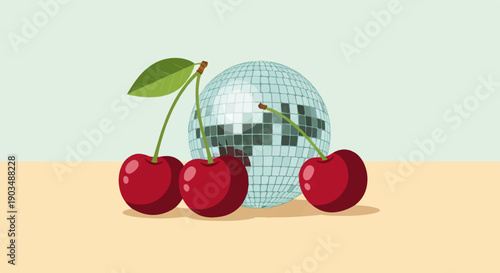 Three ripe cherries sit before a sparkling disco ball