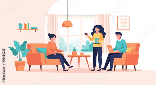 Three people are in a living room, two on sofas and one standing