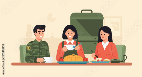 Three people at a table with food and drinks, one in military uniform