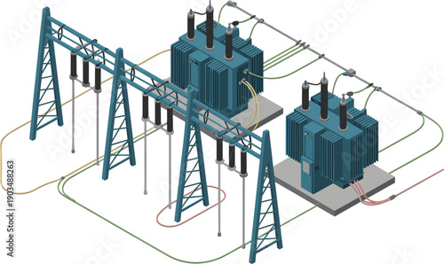 electrical transformer substation isometric illustration, high voltage power distribution network, industrial electricity infrastructure, utility engineering technology design vector