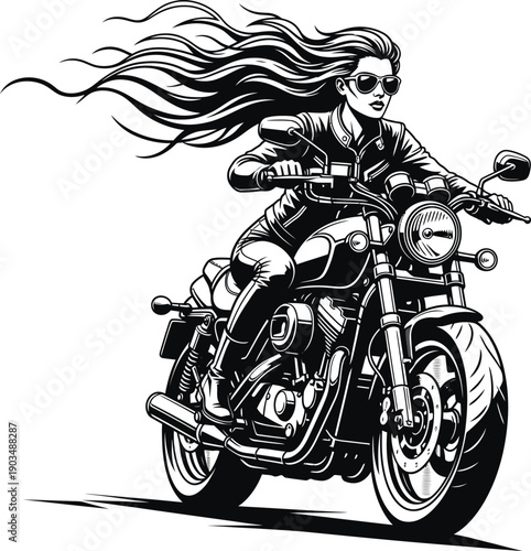 Dynamic black and white illustration of a biker woman with long flowing hair and sunglasses riding a cruiser motorcycle.