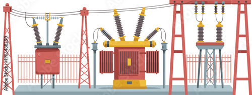electrical transformer substation vector illustration, high voltage electricity transmission grid equipment, industrial power infrastructure engineering technology design system