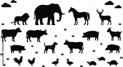 Farm and Wild Animal Silhouettes Set Showing Livestock Wildlife and Birds in Black Vector Illustration for Nature Design