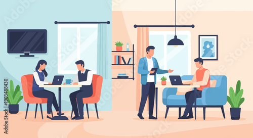 Two distinct indoor scenes depict people working and conversing on laptops