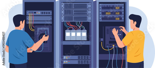 Technicians working with server racks and cables