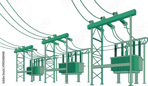 green electrical transformer substation illustration, high voltage power distribution network, industrial electricity infrastructure, utility engineering technology, isolated white background