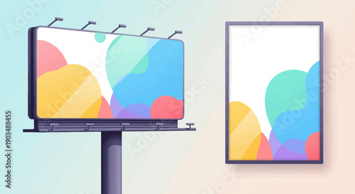 Two displays, one billboard, one framed, showcase abstract colorful shapes