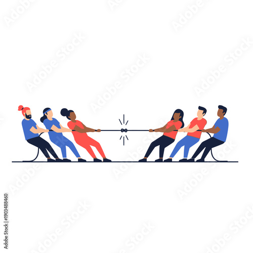 Diverse teams competing in tug of war, symbolizing conflict, teamwork, and strength