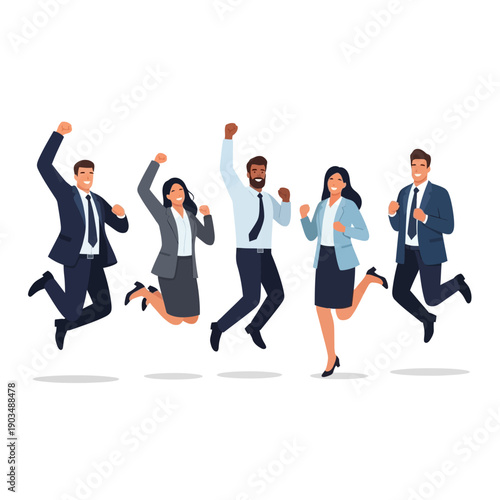 Diverse business people jumping and celebrating success, teamwork, and achievement