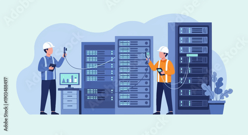 Technicians working with servers in data center