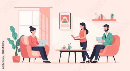 Three people working on laptops in a cozy living room