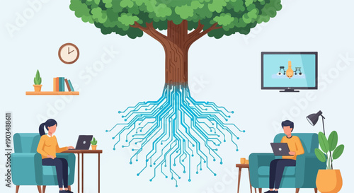 Tree with digital roots connects people working from home on laptops