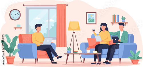 Three people working on laptops in a cozy living room, some are relaxing on sofas