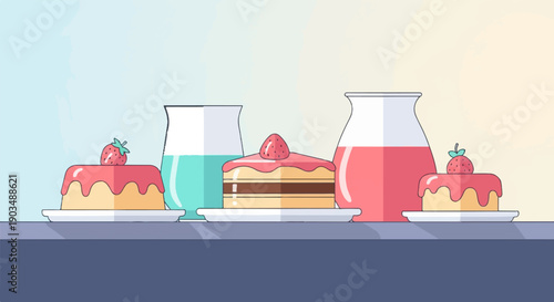 Sweet treats and refreshing drinks arranged on a table, with pastel background