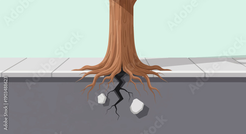 Tree roots cracking asphalt and lifting sidewalk slabs