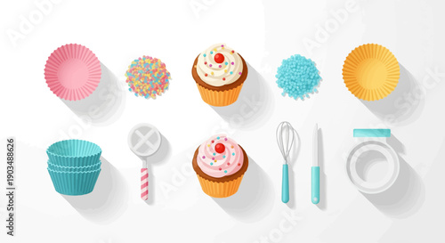 Sweet treats and baking tools arranged neatly