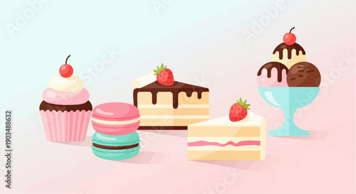 Sweet treats including a cupcake, macarons, cake slices, and ice cream