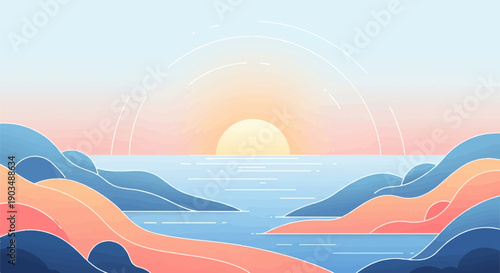 Stylized sunrise over water with rolling hills and sky arcs