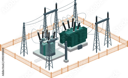 Isometric electrical power substation with transformers isolated on white background, high voltage transmission infrastructure, energy distribution facility, industrial engineering concept